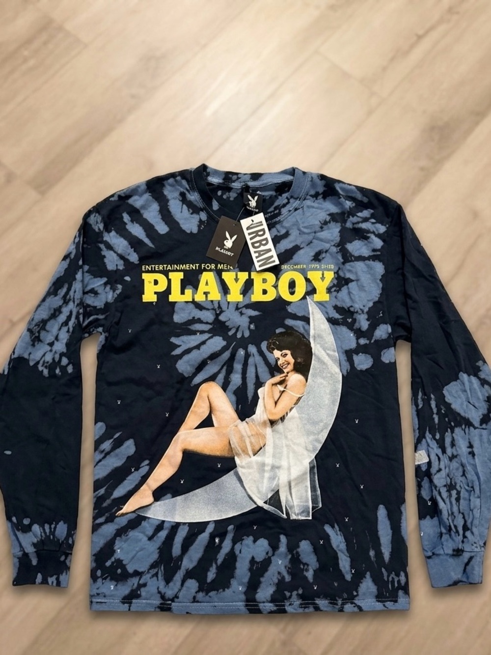 PLAYBOY Black & Blue Tie-Dye Long Sleeve Graphic Tee with Yellow Logo